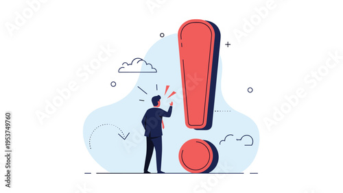 Businessman standing in front of a giant red exclamation mark symbol representing a major realization, urgent alert, or critical warning.