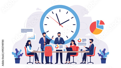 Team of corporate professionals having a meeting in front of a large clock representing time management, urgent deadlines, and schedule.