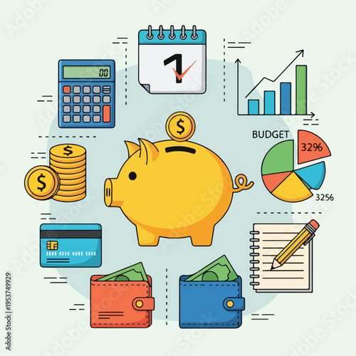 Cartoon illustration featuring piggy bank, calendar, charts, credit card, and calculator