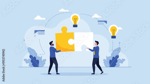 Two professional men work together to join large yellow and white puzzle pieces symbolizing successful business cooperation.