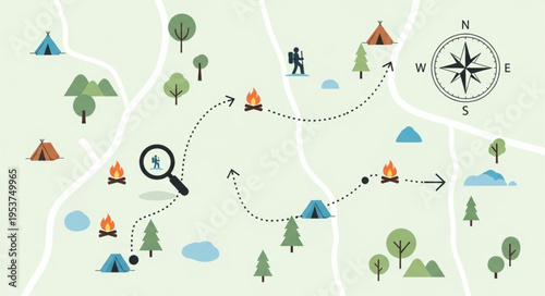 Camping Adventure Map with Compass and Magnifying Glass.