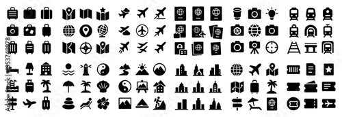 Travel icons with suitcase plane map colorful flat