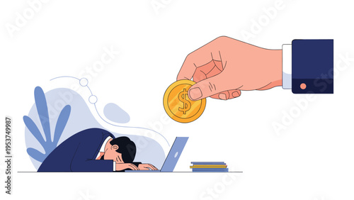 Exhausted businessman resting at his desk receives a giant golden coin from a large hand as a reward for his hard work.