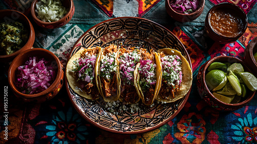 Cuadro en lienzo A plate of tacos with various toppings and condiments
