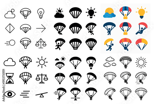 Adventure icons with parachute sun cloud colorful