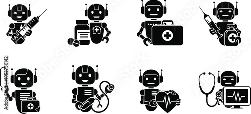 Silhouette bundle icons of medical robots healthcare and technology