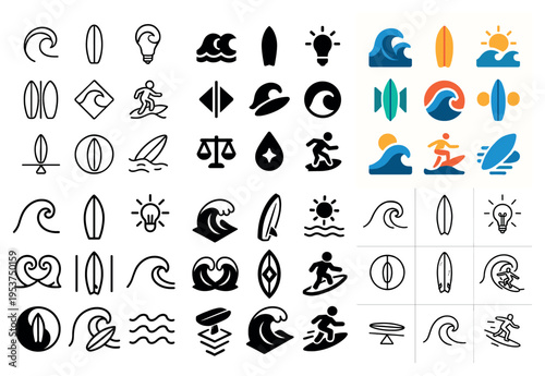 Surfing icons with wave board minimal