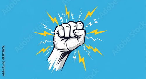Illustration of a Fist Surrounded by Lightning Bolts on a Blue Background.