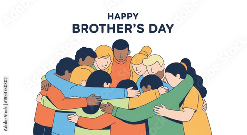 Diverse group of people hugging in a circle on brother's day celebrating family bonding and togetherness with colorful illustration