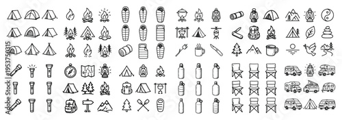 Outdoor icons with tent campfire backpack outline