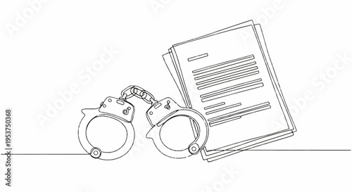 Handcuffs and legal document on white background symbolizing law enforcement and justice system