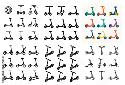 Scooter icons with wheel handlebar and deck outline