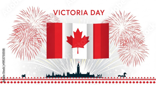 Victoria day celebration with canadian flag and fireworks display