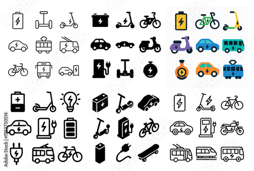 Electric transport icons with scooter bicycle battery flat