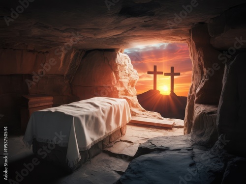 The empty tomb of jesus christ with a sunset view of calvary crosses in the distant background