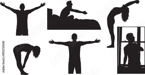 Silhouettes of people in various yoga poses and stretches