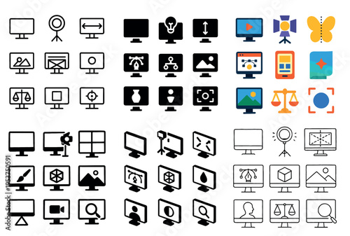 Computer screen icons with monitor camera studio flat