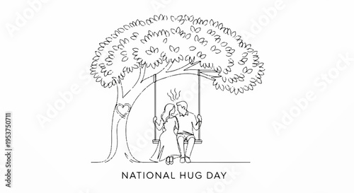 Heartwarming illustration of people hugging under a tree on national hug day symbolizing love and affection