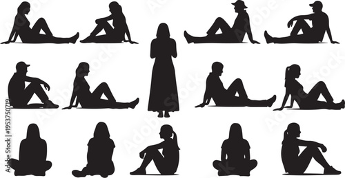 Silhouettes of people sitting in various poses together
