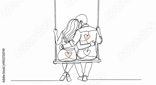 Couple sitting on swing back view heart on shirts love concept romantic simple line art