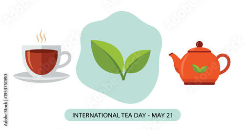 Green Tea Leaves in Light Blue Shape with Teapot and Cup on International Tea Day