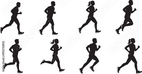 Silhouettes of people running in various poses motion
