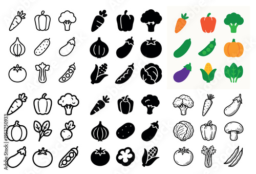 Vegetable icons with carrot pepper broccoli eggplant flat
