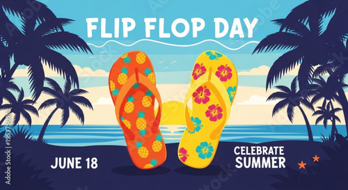 Vibrant flip flops celebrate summer on a tropical beach with palm trees and sunset