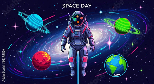 Astronaut in space suit floating among planets and stars on space day