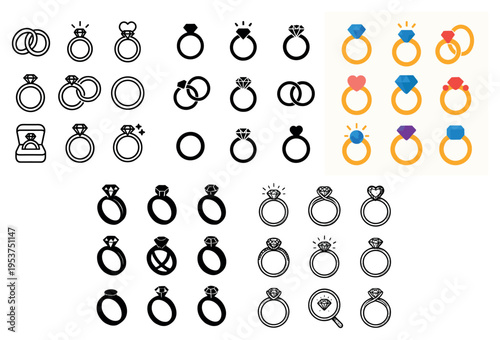 Wedding icons with ring diamond heart outline