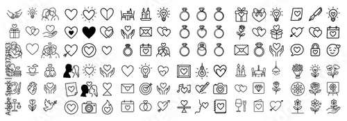 Love icons with heart ring rose outline