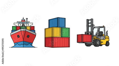 Cargo Ship Unloading Containers with Forklift at Port