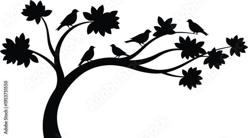 Tree with birds silhouette vector illustration design graphic, nature harmony lifestyle art concept, black and white decorative creative collection