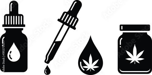 Cannabis oil products silhouette vector illustration design graphic, medical recreational packaging art concept, black and white decorative creative collection