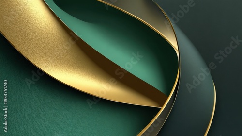 Elegant Abstract Composition of Curved Layers in Green, Gold, and Dark Tones, Showcasing Modern Design Elements for Backgrounds and Textures