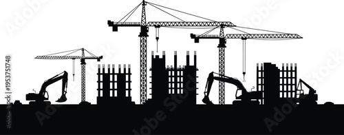 Construction site silhouette vector illustration design graphic, urban development engineering art concept, black and white decorative creative collection