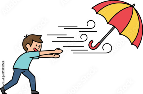 Cartoon windy scene silhouette vector illustration design graphic, umbrella chase lifestyle humor art concept, colorful decorative creative collection