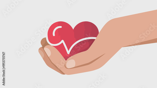 Hand holding red heart with white ecg line on gray background symbolizing love care and health