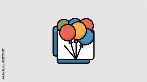 Colorful balloons tied to a white and blue gift box with a ribbon on a plain background