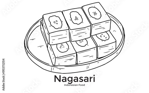 Black and white line drawing of Nagasari, a traditional Indonesian food, served on a plate with multiple pieces.