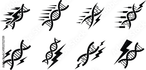 Silhouette bundle icons of dna double helix with lightning bolts genetic engineering symbols