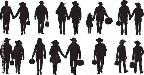 Silhouettes of people walking with luggage and holding hands together