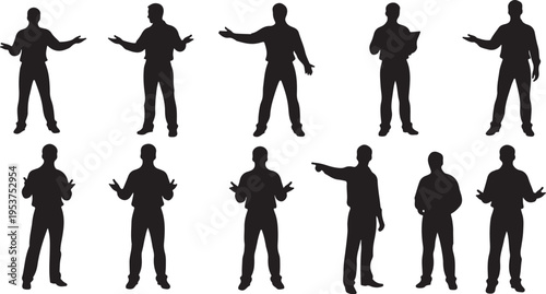 Silhouettes of men in various poses and gestures standing