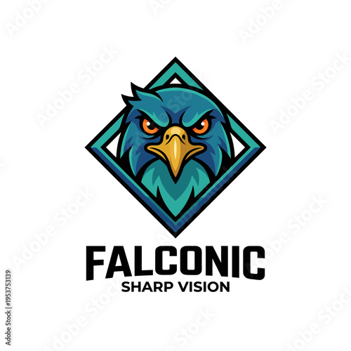 This fierce eagle logo design symbolizes sharp vision and power, ideal for businesses in technology, consulting, and sports, integrating a bold color palette and striking graphic style.