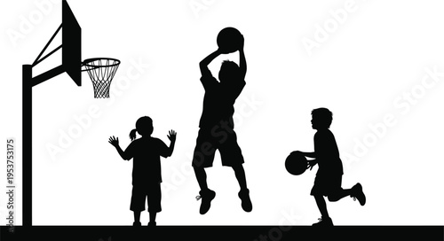 Dynamic black silhouette illustration of children actively playing basketball with hoop, teamwork, dribbling, shooting, 
