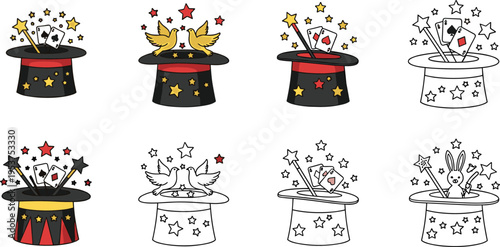 Magician hats with stars, rabbit, cards, wand, doves, colorful and black‑and‑white versions, classic magic show elements perfect for illusion, entertainment, and fantasy themes.