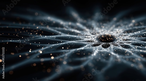 Abstract glowing neural network and dark singularity. Futuristic macro science visualization of brain synapses, artificial intelligence, quantum physics or cosmic black hole concept background