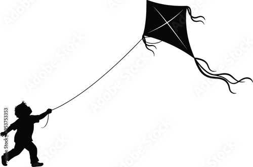 Silhouette illustration of child running while flying kite with streamers, joyful outdoor activity scene, perfect for childhood, play, recreation, freedom, and nature themes.