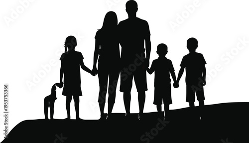 Silhouette illustration of family with children and dog holding hands, unity and companionship scene perfect for parenting, love, community, and lifestyle themes.