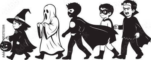 Halloween costumes for kids and adults in a row